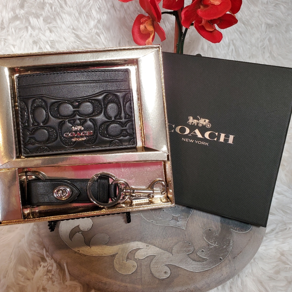 Coach Signature Glitter Card Case and Valet Keychain Box Set